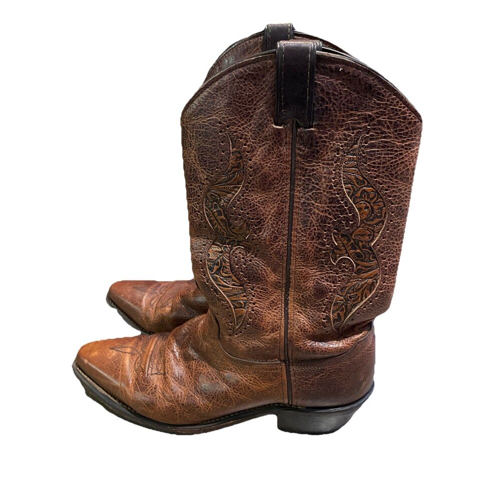 Abilene Women’s Brown Leather Western Boots 9M Snip Toe Made in USA Tooled 9141